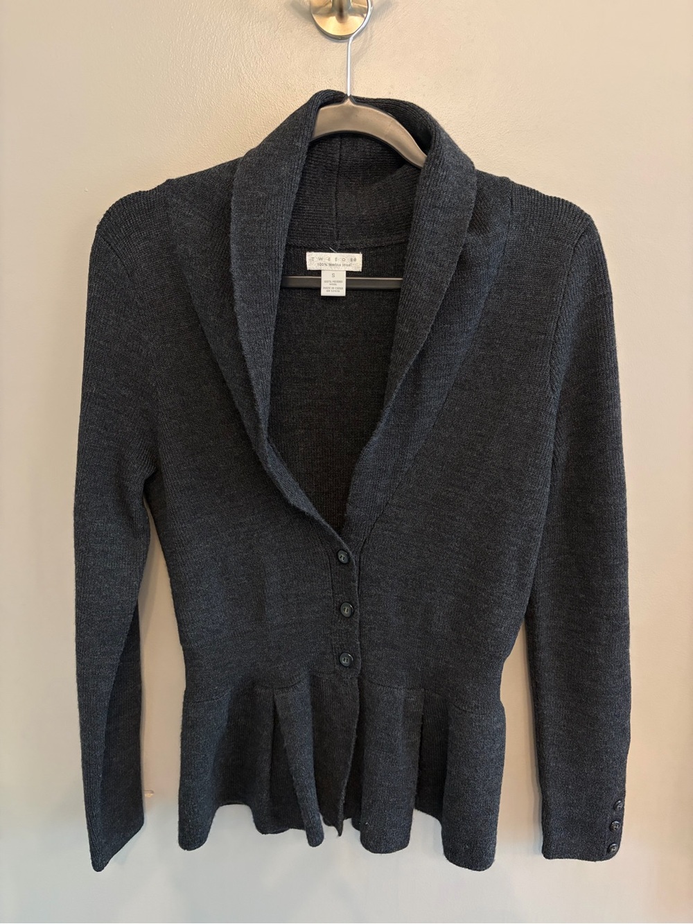 Tweeds 100% merino wool cardigan heather grey ruffle pleated bottom size S